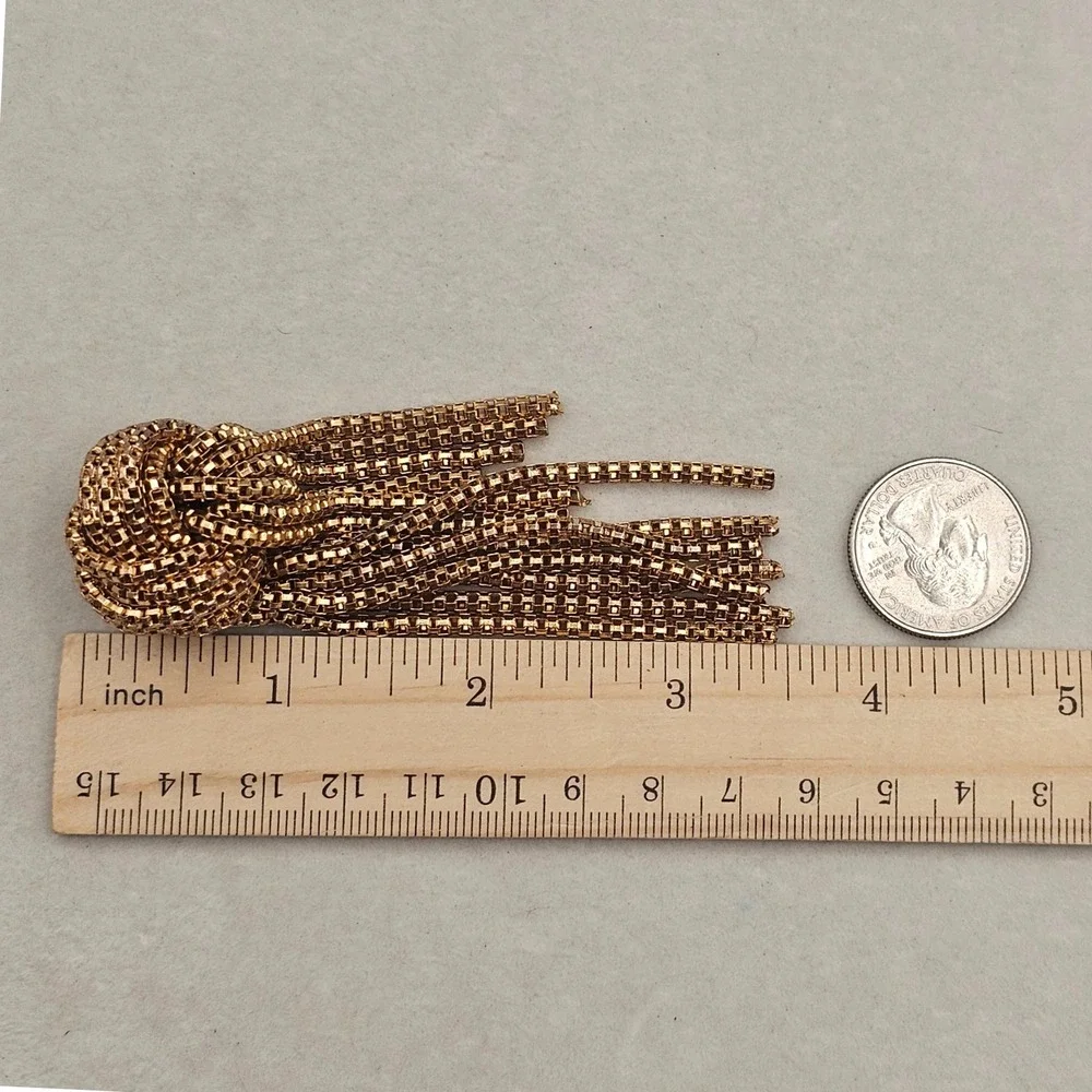 Vintage Gold Tone Knotted Tassel Brooch Statement Fringe Pin Uneven Cascade